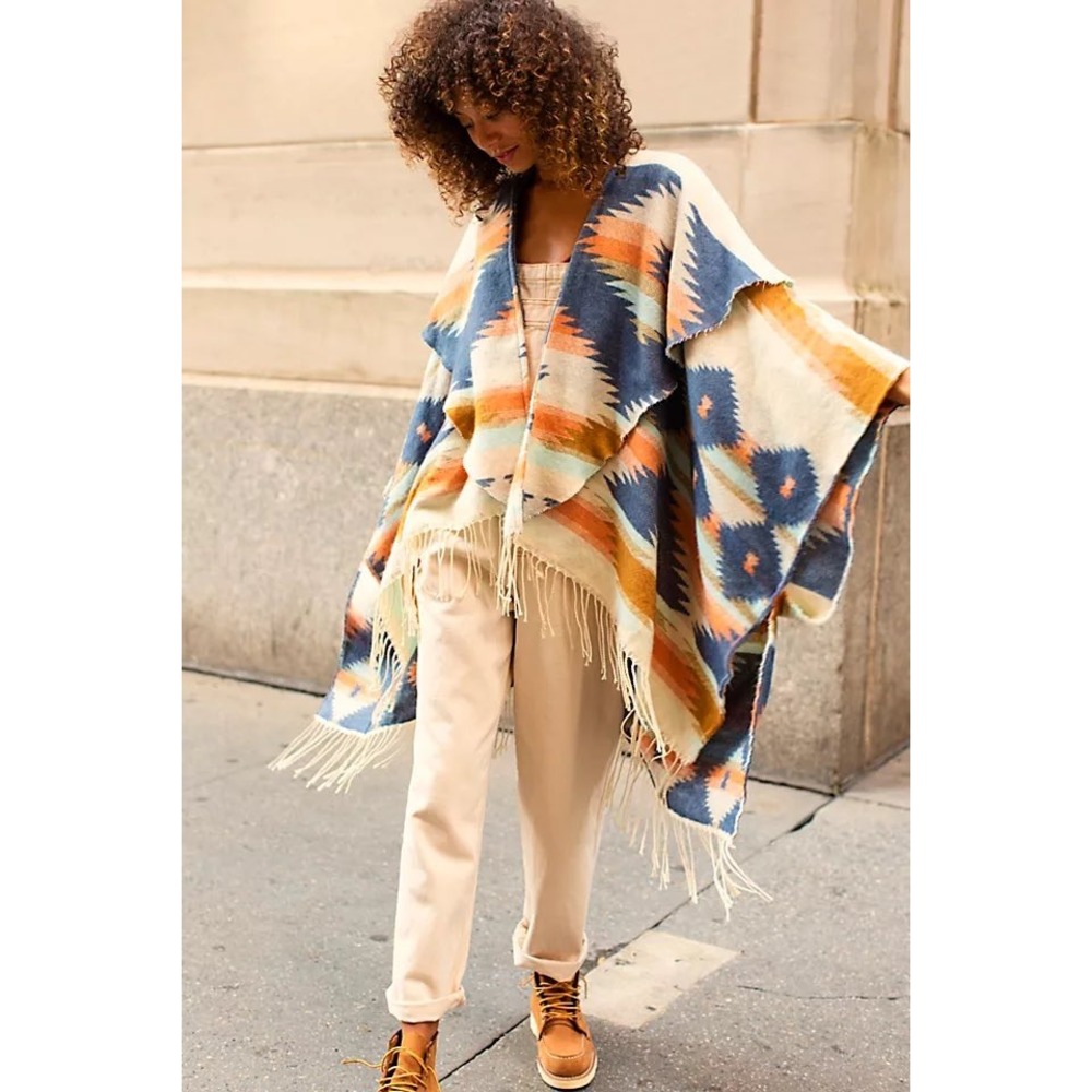 Free People Poncho Women's OS Crossroads Multi Southwestern Fringed Oversized